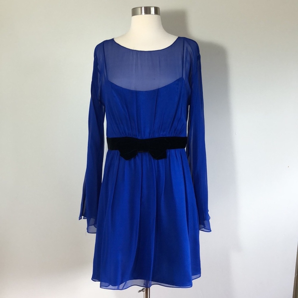 Royal Blue Long Sleeve Chiffon Dress with Velvet Bow